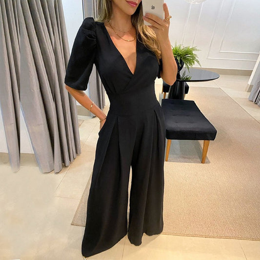 Chic Lace-Up Puff Sleeve Jumpsuit