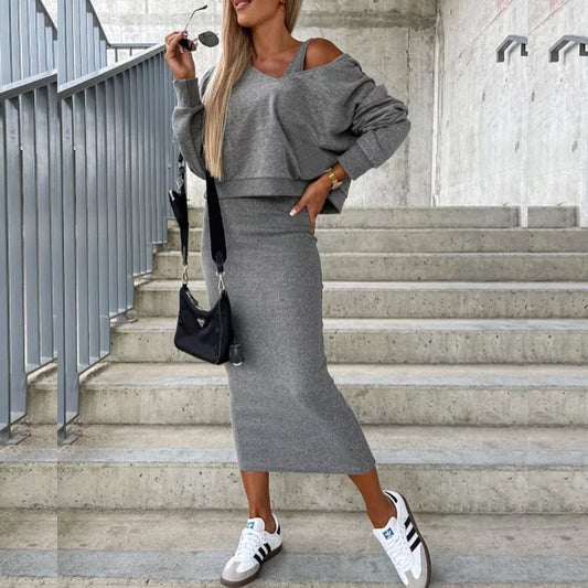 Urban Chic Off-The-Shoulder Sweater Dress with Built-In Tank Top and Long Skirt